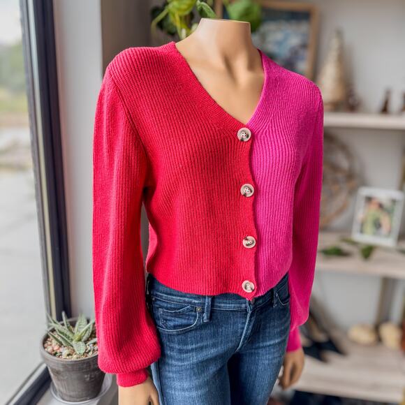 NWT-Miami if Francesca's, Red & Pink ColorBlock Button Up Cropped Cardigan-SZ XS - Picture 3 of 8